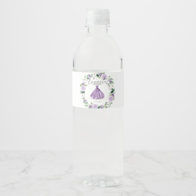 Rótulo Para Garrafa D'água Vestido Floral Roxo de Sweet 16 (Frente)