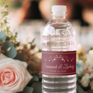 Rótulo Para Garrafa D'água Vintage Dourada Flourish Maroon Burgundy Casamento