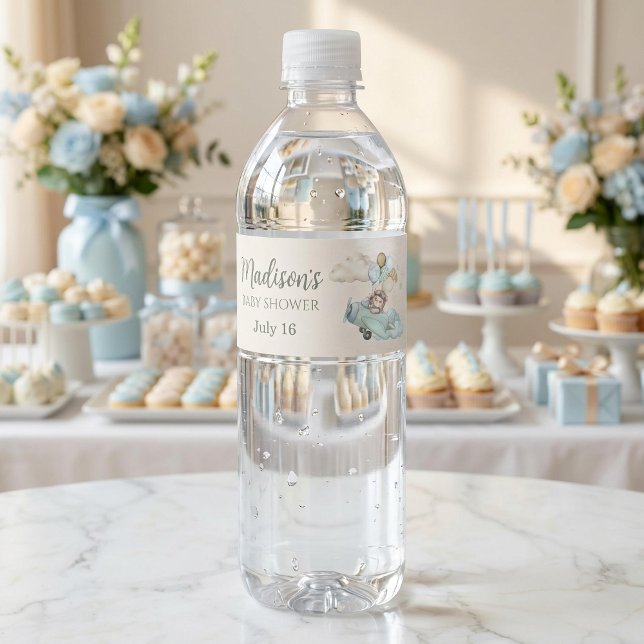 Rótulo Para Garrafa D'água We Can Bearly Wait Teddy Bear Airplane Blue Boy (Criador carregado)