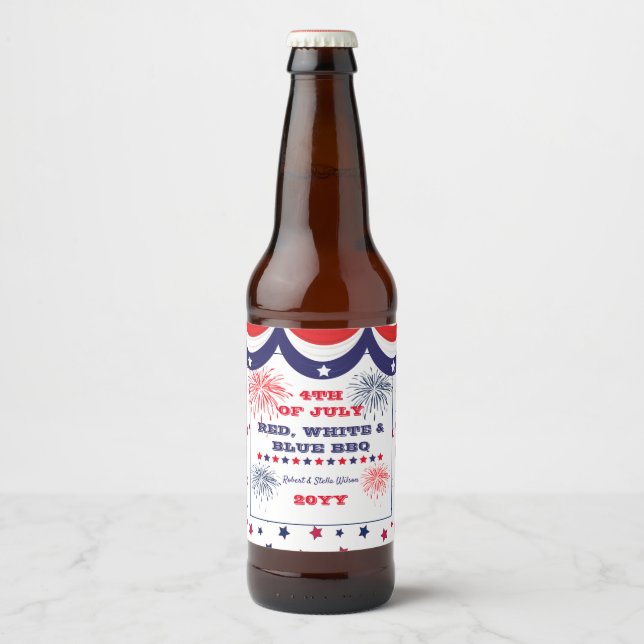 Rótulo Para Garrafa De Cerveja 4 de julho CHURRASCO vermelho branco e azul (Frente)