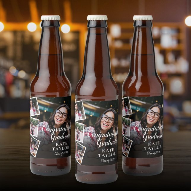 Rótulo Para Garrafa De Cerveja 4 Festa de formatura de Colagem de Fotografias (4 Photo Collage Graduation Party Beer Bottle Label)
