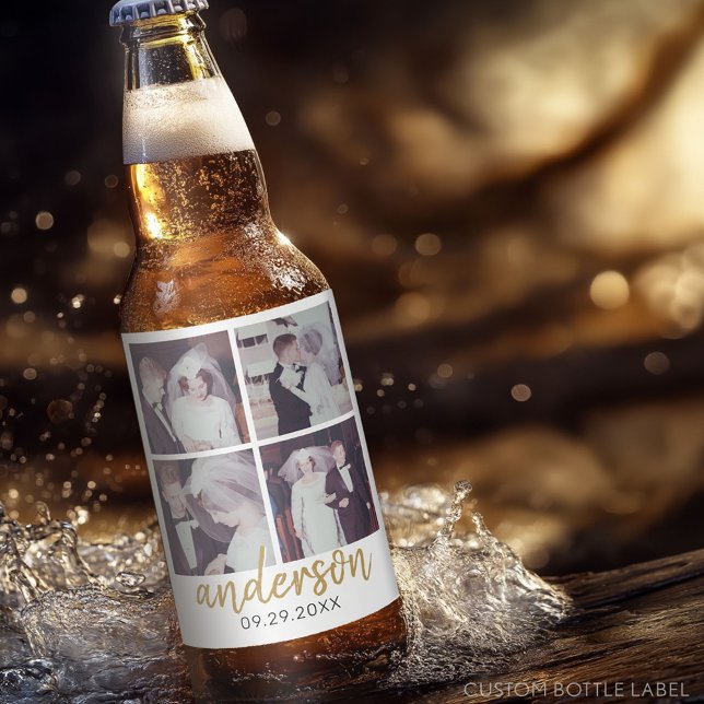 Rótulo Para Garrafa De Cerveja 4 Sobrenome de Colagem de Casamento Fotográfico Ma (Custom Party Beer Label - Wedding Anniversary)