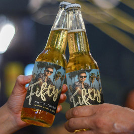 Rótulo Para Garrafa De Cerveja 50ª foto-ouro festa de aniversário preto