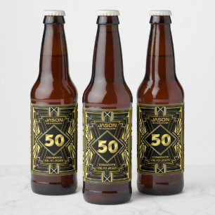 Rótulo Para Garrafa De Cerveja 50º aniversário Art Deco Dourado Excelente negro