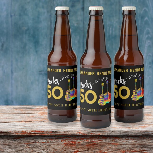 Rótulo Para Garrafa De Cerveja 50º Aniversário Nome Guitars Music Rocks 50 (Rock and roll 5oth birthday party personalized beer labels cool funky guitars gold and black)