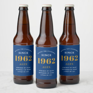 Rótulo Para Garrafa De Cerveja 60º Aniversário Nome 1962 Chic Azul Dourado Elegan