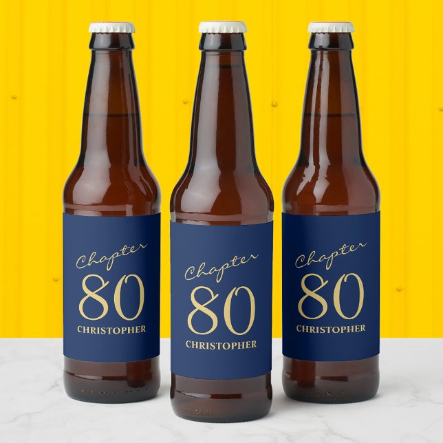 Rótulo Para Garrafa De Cerveja 80 Aniversário Capítulo 80 Azul Dourado (Personalized 80th Birthday beer bottle labels to make that party unique.)