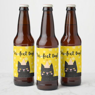 Rótulo Para Garrafa De Cerveja Amarelo Estrela Gato Preto Dia Perfeito Festa