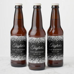 Rótulo Para Garrafa De Cerveja Aniversário de 21 anos Preto com Brilho Prateado