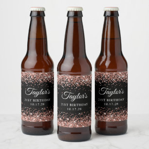 Rótulo Para Garrafa De Cerveja aniversário de 21 anos preto rosa Dourado brilhant