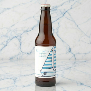 Rótulo Para Garrafa De Cerveja Aniversário de Barco à Vela Azul Náutico