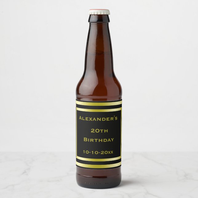 Rótulo Para Garrafa De Cerveja Aniversário de Elegante Preto e Dourado (Frente)