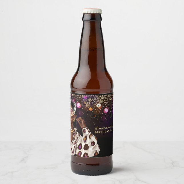 Rótulo Para Garrafa De Cerveja Aniversário de Mulher Afro-Americana Personalizada (Frente)