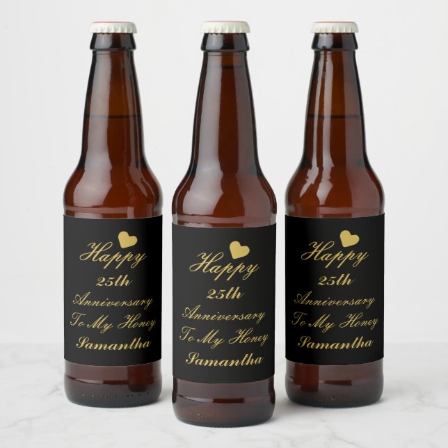 Rótulo Para Garrafa De Cerveja Aniversário feliz do 25 de Script Dourado Elegante (Garrafas)