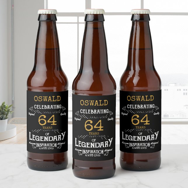 Rótulo Para Garrafa De Cerveja Aniversário negro Dourado (Black and gold birthday beer bottle labels. Add name and age for a unique touch.)