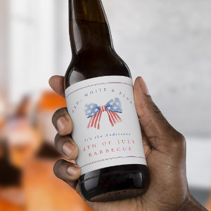 Rótulo Para Garrafa De Cerveja Aquarela Preppy Laço Vermelho Branco Azul 4 de Jul