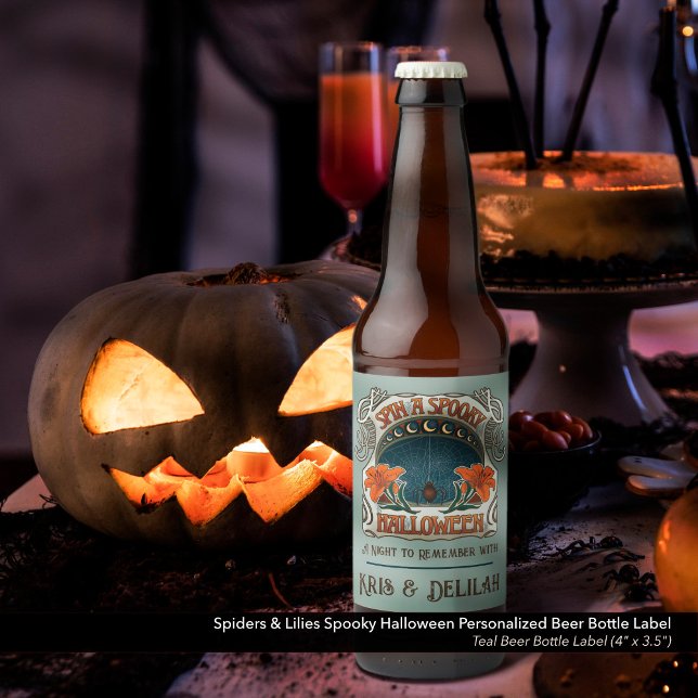 Rótulo Para Garrafa De Cerveja Aranhas de Halloween Spooky e Vintage Lily Victori (Spin a Spooky Halloween Personalized, Vintage Style Beer Bottle Label - Teal)