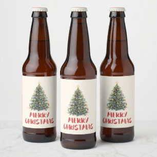 Rótulo Para Garrafa De Cerveja Árvore de Natal em Aquarela Rústica Natal Férias