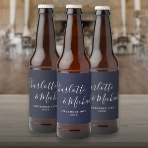 Rótulo Para Garrafa De Cerveja Assinatura Elegante Casamento Azul Marinho