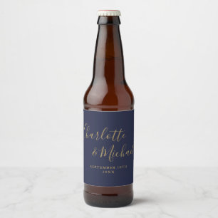Rótulo Para Garrafa De Cerveja Assinatura Elegante Script Casamento Azul Navy Dou