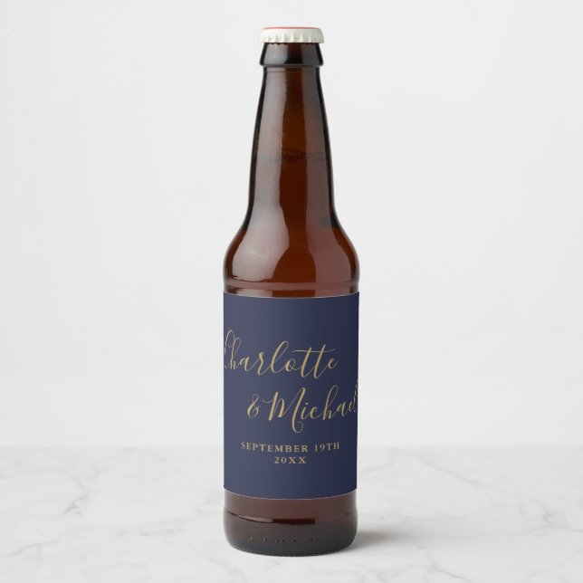 Rótulo Para Garrafa De Cerveja Assinatura Elegante Script Casamento Azul Navy Dou (Frente)