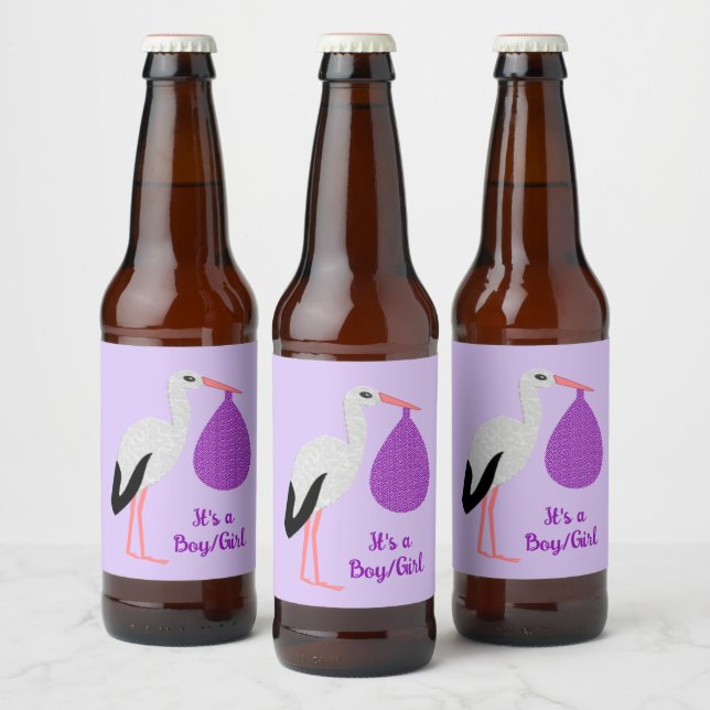Rótulo Para Garrafa De Cerveja Bebê Cegonha Personalizado de Gênero Neutro Roxo (Garrafas)