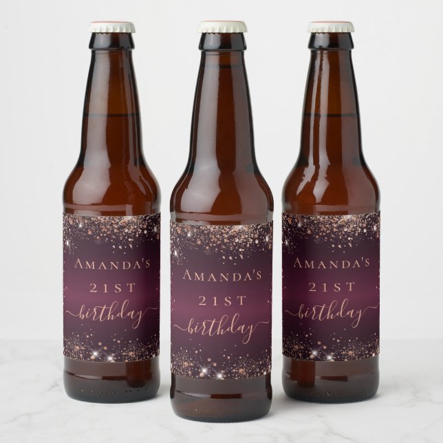 Rótulo Para Garrafa De Cerveja Birthday Burgundy - rosa dourado script (Garrafas)