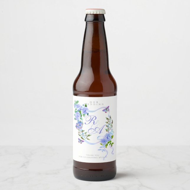 Rótulo Para Garrafa De Cerveja Blue Ribbon Monogram Wedding  (Frente)