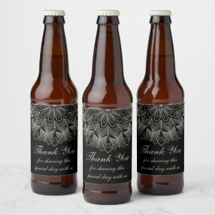 Rótulo Para Garrafa De Cerveja Boho Chic Obrigado Mandala Casamento Preto Indiano
