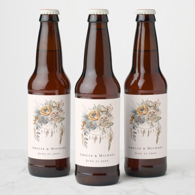 Rótulo Para Garrafa De Cerveja Boho Flowers e Dreamcatcher - Casamento (Garrafas)