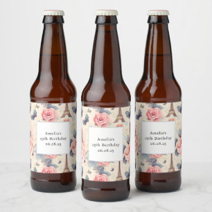 Rótulo Para Garrafa De Cerveja Borboleta da Torre Eiffel e Padrão de Rosas Aniver