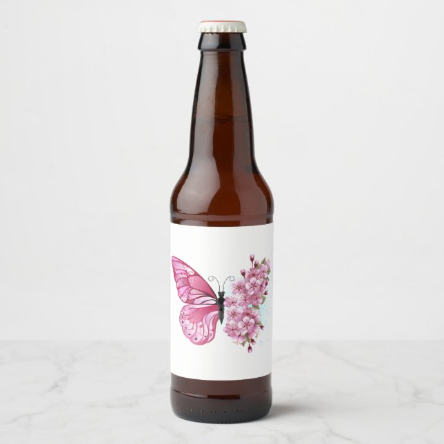 Rótulo Para Garrafa De Cerveja Borboleta Flor com Sakura Rosa (Frente)