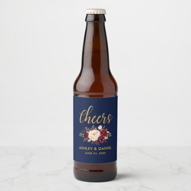 Rótulo Para Garrafa De Cerveja Brindes de Casamento Floral Azul Borgonha Dourado (Frente)
