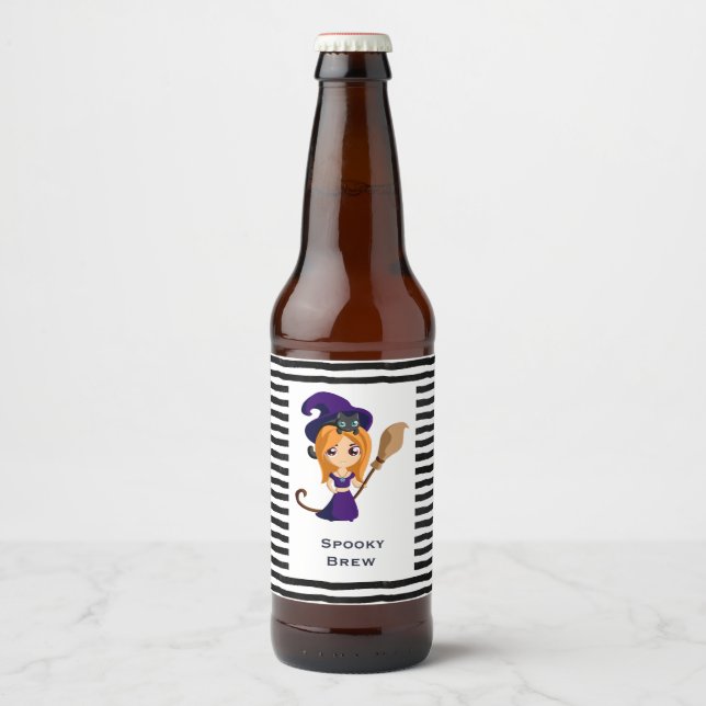 Rótulo Para Garrafa De Cerveja Bruxa Bonita no Halloween do Chapéu Roxo (Frente)