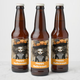 Rótulo Para Garrafa De Cerveja bruxa do Halloween com abóboras