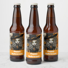 Rótulo Para Garrafa De Cerveja bruxa do Halloween com abóboras