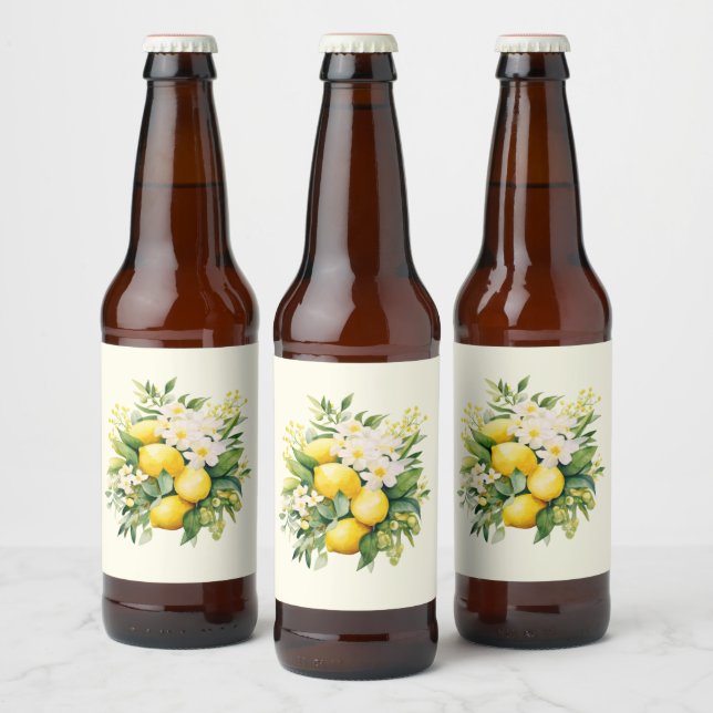 Rótulo Para Garrafa De Cerveja Buquê de Limão com Flores Brancas (Garrafas)