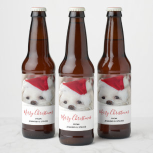 Rótulo Para Garrafa De Cerveja Cachorro Branco bonito num chapéu de Natal Vermelh