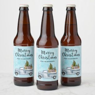 Rótulo Para Garrafa De Cerveja Caminhão de Natal com Pinheiros e Animais Florest