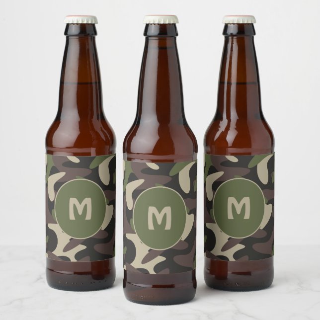 Rótulo Para Garrafa De Cerveja Camuflagem Militar Padrão Verde Castanho Monograma (Garrafas)