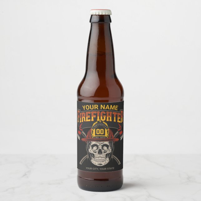 Rótulo Para Garrafa De Cerveja Capacete de bombeiro personalizado com caveira e m (Frente)