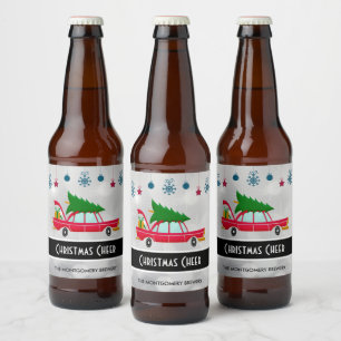 Rótulo Para Garrafa De Cerveja Carregando de carro vermelho retrô em árvore de 