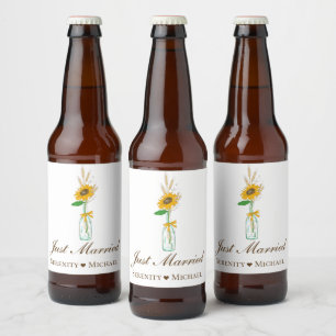 Rótulo Para Garrafa De Cerveja Casados no Campo Floral de Girassol Rústico