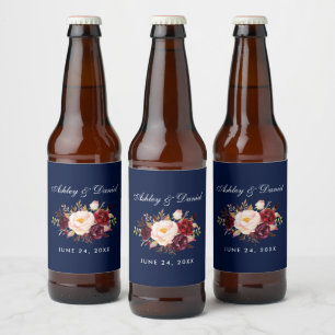 Rótulo Para Garrafa De Cerveja Casamento Azul Floral Burgundy
