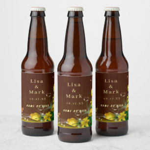 Rótulo Para Garrafa De Cerveja Casamento Borboleta Floral Amarela Madeira Escura 