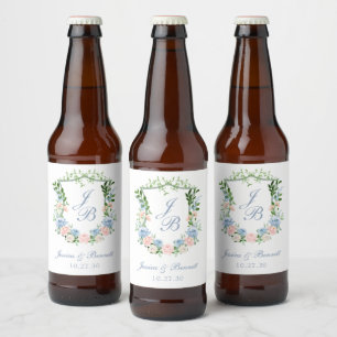 Rótulo Para Garrafa De Cerveja Casamento com Crista Floral Azul Empoeirado