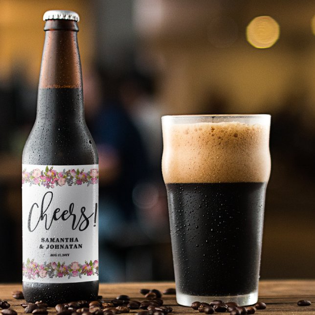 Rótulo Para Garrafa De Cerveja Casamento de Borda Floral Rosa (Criador carregado)