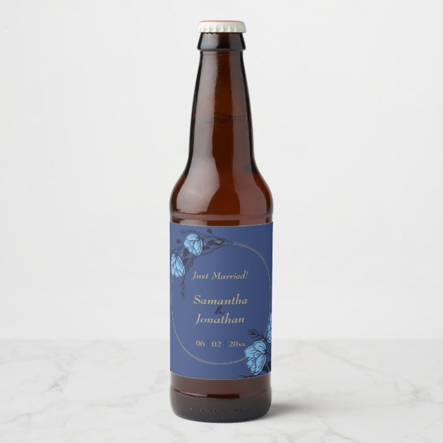 Rótulo Para Garrafa De Cerveja Casamento de Flor Azul (Frente)