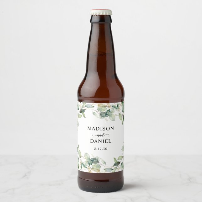 Rótulo Para Garrafa De Cerveja Casamento de Folhas de Eucalipto Elegantes (Frente)