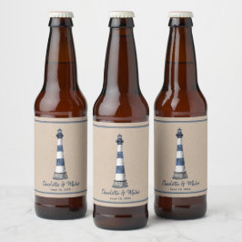 Rótulo Para Garrafa De Cerveja Casamento de Kraft, Borda de Farol Branco Azul